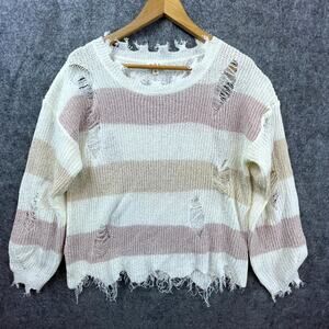 POL Sweater Womens Small White Knit Distressed Frayed Hem‎ Light Grunge Ripped